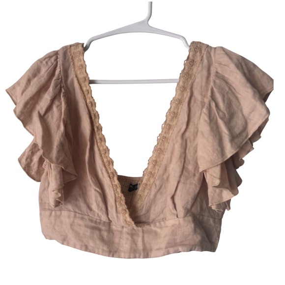 Zara Tops - Zara Womens Pink Linen Blend Lace Trim Ruffle Sleeve Smocked Crop Top Large